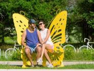 Picture of couple sitting on a butterfly bench.